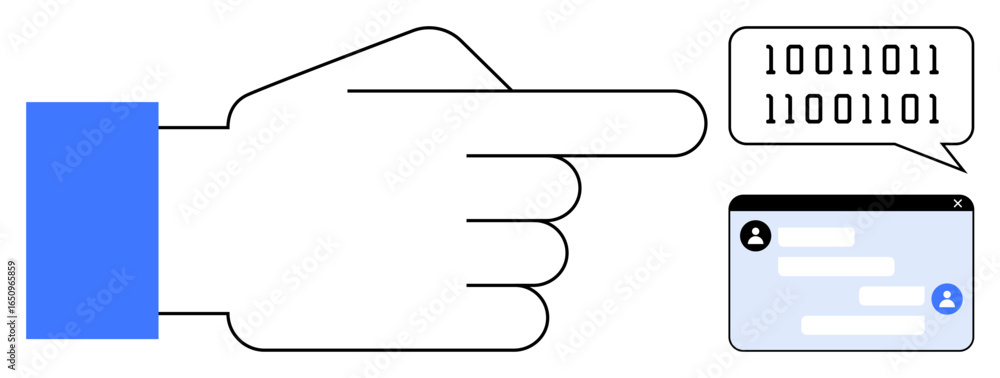 Poster hand gesture pointing to chat interface with user avatar, text messages, binary speech bubble. ideal