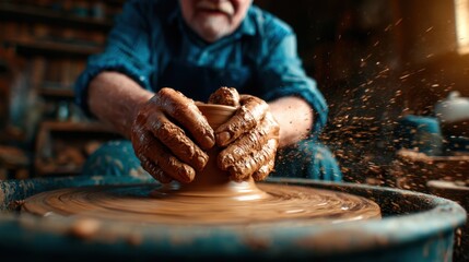 An elderly artisan potter skillfully shaping clay on a potter's wheel, demonstrating the rich tradition of craftsmanship and the beauty of handmade pottery as an art form.