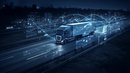 Truck Driving on Highway with Digital Network Overlay at Night in Blue Tones Depicting Modern Transportation Technology and Logistics