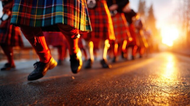 A dynamic capture of Scottish dancers marching in colorful kilts, showcasing cultural heritage, energy, and tradition, perfect for event promotion and cultural representation.
