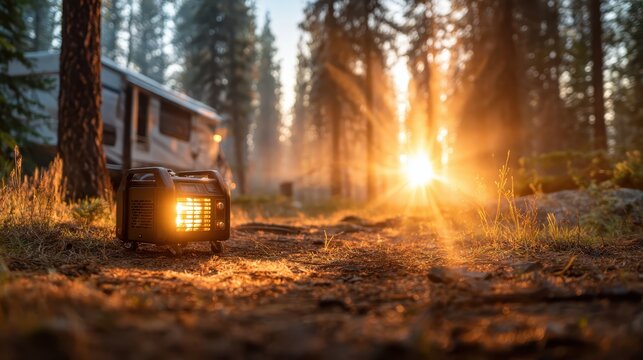 A portable generator glowing softly in a sunlit forest, symbolizing modern convenience amidst nature, perfect for camping, outdoor activities, and lifestyle photography themes.