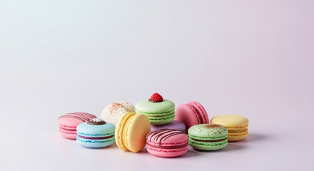 Obraz premium A Small Group of Assorted Colorful Macarons on a Gentle Pink Background