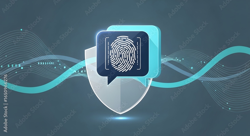 Poster digital security shield with fingerprint icon and data waves in futuristic style