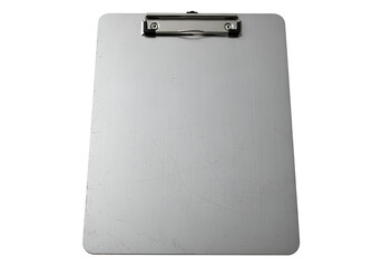 Silver metal clipboard on black background with clip at the top and blank white surface for