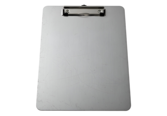 Silver metal clipboard on black background with clip at the top and blank white surface for