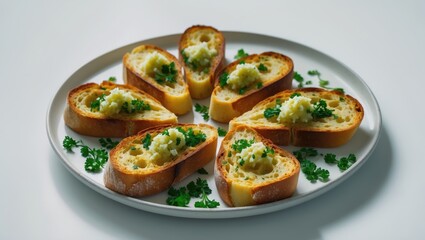 Slices of bread topped with garlic and herbs served on a white plate. Appetizer and snack, concept. Food presentation and garnishing. The concept of culinary decoration and flavor enhancement.