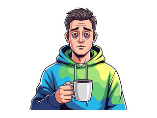 Exhausted Morning Routine: A weary individual, with heavy eyes and dark circles, clutches a warm coffee mug, embodying the early morning struggle and need for caffeine.