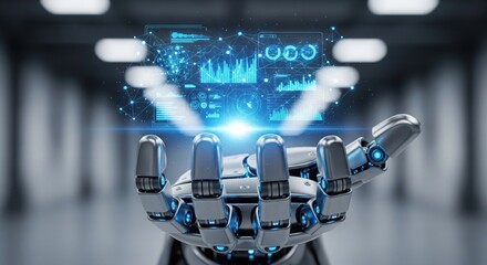 Robotic hand holding a holographic display with data and charts