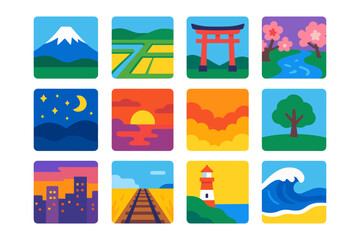 Vibrant icon set featuring nature and city landscapes in flat design style