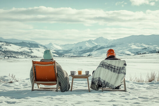 Winter solace: Couple relaxes amidst snow-covered mountains with warm drinks