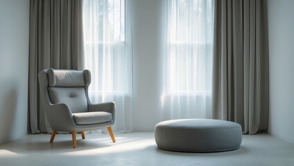 Modern interior with a high-back armchair and a large round ottoman near windows with sheer curtains. Minimalist home furniture and decor.