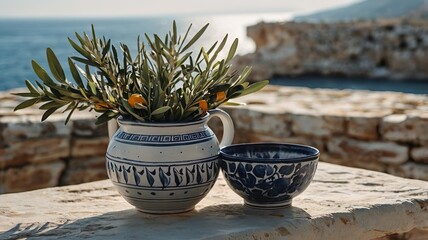 Authentic Greek island summer ceramics in white and deep blue, rustic handmade pottery with citrus and olive branches, styled on sunlit stone table with sea breeze aesthetic and Mediterranean charm