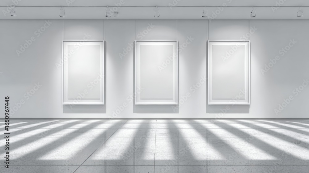 Poster minimalist exhibition space with three blank frames and light reflections on the floor during daytim