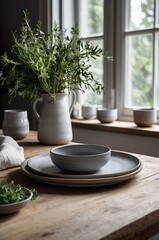 Minimalist Scandinavian kitchen with handmade ceramic tableware, matte white and grey plates and bowls on natural wood table, styled with linen napkins and herbs, cozy hygge lifestyle, soft daylight