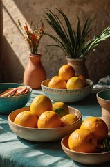 Bright summer ceramic tableware in turquoise, coral, and sunny yellow tones styled with citrus fruits on rustic wood, natural sunlight and palm shadows, Mediterranean boho artisan dining concept