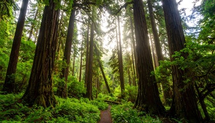 Obraz premium Lush forest with sunlight filtering through