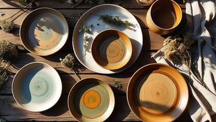 Authentic handmade ceramic bowls and plates arranged on rustic wooden table with dried herbs and wildflowers, bathed in soft sunlight, cozy boho aesthetic, warm earthy colors and artisanal textures.