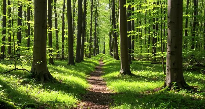 Walking on Forest Trail Path Through Lush Green Trees Woodland