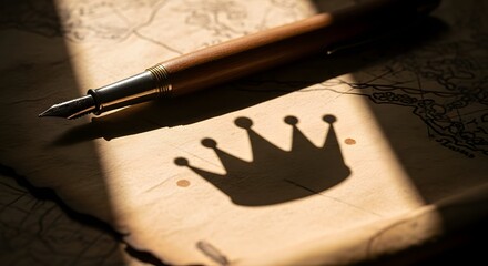 Elegant Fountain Pen Resting on Vintage Map with Shadow of Crown Artistic Design