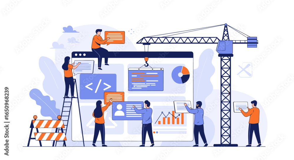 Wall mural web development team building website with construction crane and modern design elements