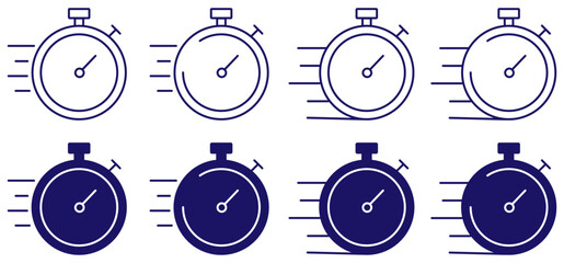 Express icon set in blue color in different style on white background. Fast shipping vector illustration. Fast stopwatch icon. Service delivery logo. Timer, stopwatch, quick, instant, fast delivery