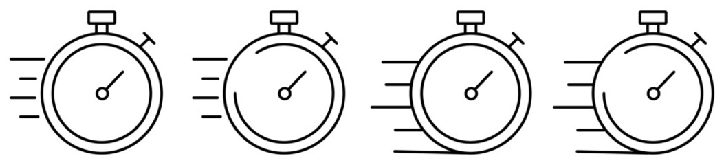Express icons set in outline style on white background. Vector illustration. Fast delivery icon with timer. Fast stopwatch line icon. Speed clock symbol urgency, deadline, time management, competition