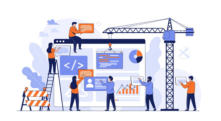 Web development team building website with construction crane and modern design elements