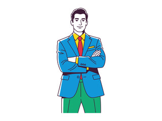 Confident Professional: A composed businessman, impeccably dressed in a tailored suit, stands confidently with arms crossed, embodying professionalism and self-assurance.