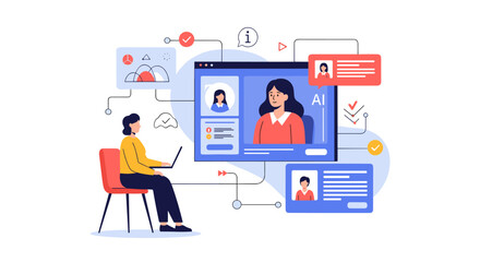 Modern woman using AI technology to assess profiles and analyze data for business success