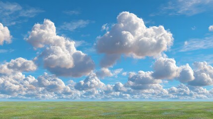 Blue sky with fluffy white clouds over green grass field, symbolizing freshness, nature, freedom, summer, and tranquility, perfect for backgrounds, banners, websites, and eco concepts.