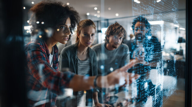 A diverse team of professionals collaborating around a futuristic glass display, pointing at a stream of digital data, representing technology and teamwork