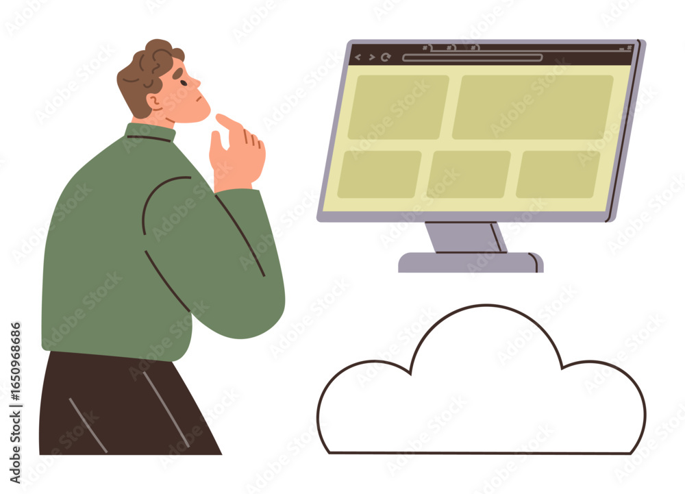 Aufkleber thoughtful man analyzing information on a computer screen with cloud element below. ideal for cloud 