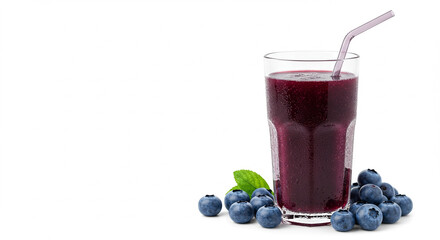 A refreshing glass of blueberry juice with a straw, surrounded by fresh blueberries.