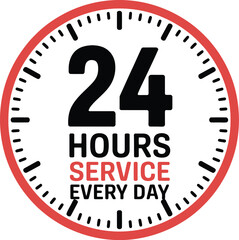 24 Hours Service Icon &ndash; Clock Face Design with Bold Text for Round-the-Clock Support, Delivery, and Business Availability