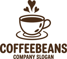 CoffeeBeans logo with heart-shaped steam and brown cup illustration, ideal for caf&eacute; branding, packaging, and beverage themes