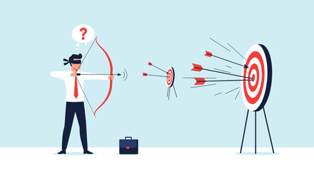 Blindfolded businessman aiming at target with arrows missing the mark, concept of failure