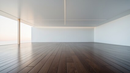 Obraz premium An empty room with wooden flooring and white walls, illuminated by natural light.