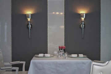 Formal and elegant a la carte ocean view dining room restaurant onboard luxury cruiseship or cruise...