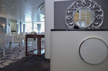 Formal and elegant a la carte ocean view dining room restaurant onboard luxury cruiseship or cruise...