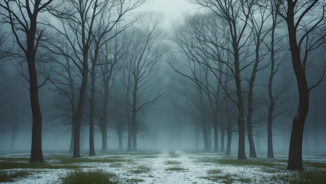 A foggy forest scene with bare trees and a pathway, creating a mysterious and eerie atmosphere. - Powered by Adobe