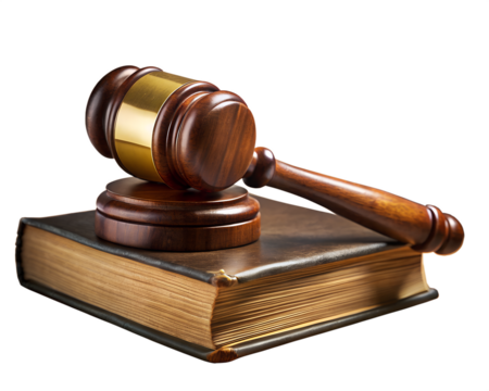 A wooden judges gavel resting on an old, leatherbound book, symbolizing law and justice, isolated on a transparent background