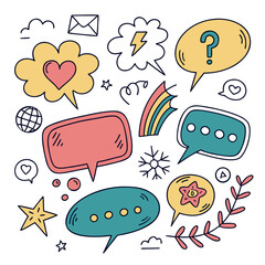 Whimsical Hand Drawn Doodles with Speech Bubbles and Cute Icons for Creative Projects and Designs Full of Playfulness