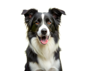 Closeup portrait of a happy border collie dog with its mouth open and tongue out, isolated on transparent background, Pet Care , Adapt Pet, Health Care pet, Animals Care.