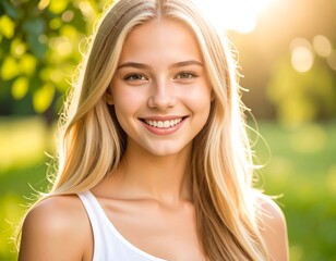 Fototapeta premium Radiant portrait of a smiling young blonde woman in a sunlit outdoor setting