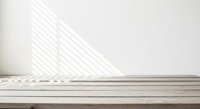 Bright Minimalist White Room with Wooden Floor and Shadowed Wall