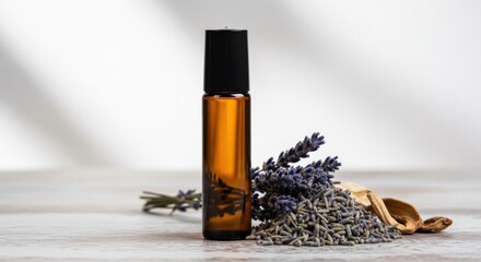 Fototapeta premium Amber Essential Oil Bottle with Lavender and Dried Herbs on Light Wooden Surface