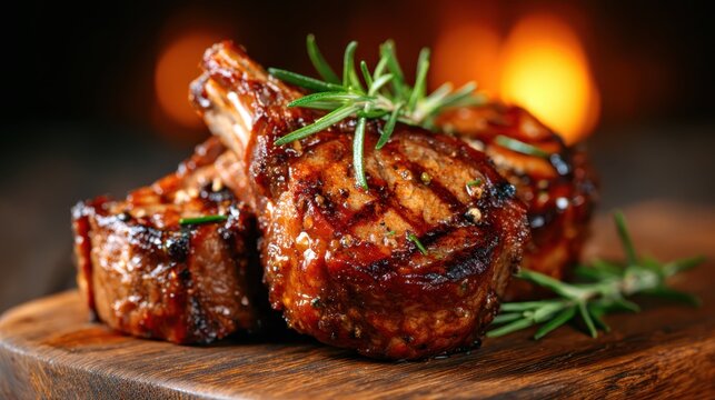 Succulent grilled lamb chops seasoned to perfection, garnished with fresh rosemary, served on a wooden board, representing culinary excellence and gourmet dining experience. - Powered by Adobe