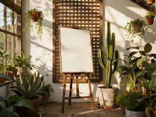A vertical wooden frame poster mockup on an easel in a sunny plant conservatory surrounded by potted cacti and other green plants.