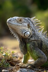 A close-up of an iguana gazing into the camera, its intense eyes full of detail and expression