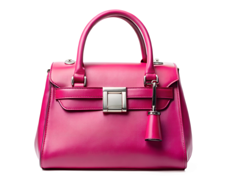 A stylish and elegant pink leather handbag with a silver buckle and tassel, isolated on a transparent background